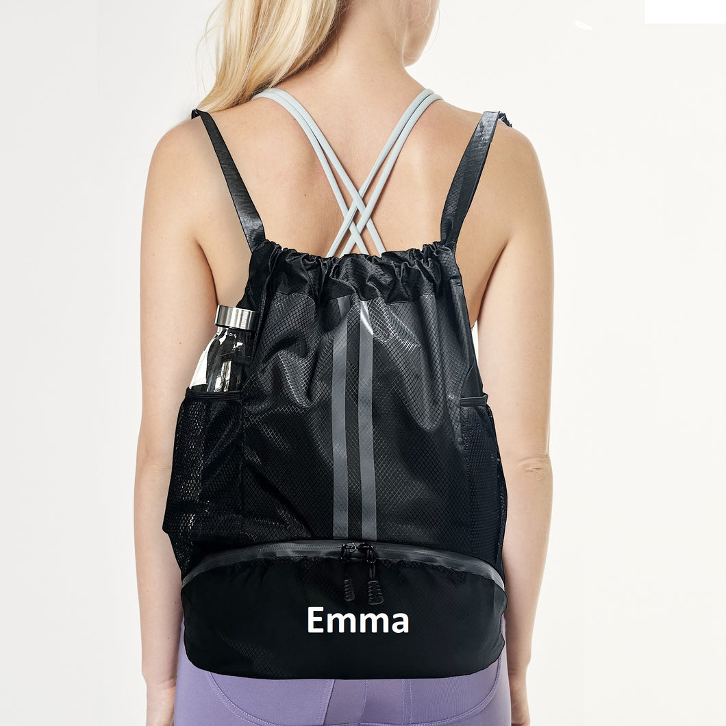 Personalized Drawstring Gym Backpack NAME and LOGO Fitness Workout Sports Duffle Bag Black