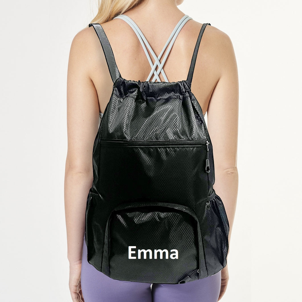 Personalized Drawstring Gym Backpack NAME and LOGO Small Fitness Workout Sports Duffle Bag Black
