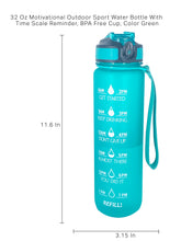 Load image into Gallery viewer, 32 Oz Inspirational Time Water Bottle with Hydrating Reminder Tracker. Motivational Outdoor Sport Water Bottle. BPA Free, Color Green
