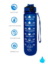 Load image into Gallery viewer, 32 Oz Inspirational Time Water Bottle with Hydrating Reminder Tracker. Motivational Outdoor Sport Water Bottle. BPA Free, Color Blue
