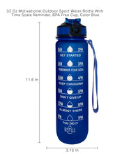 Load image into Gallery viewer, 32 Oz Inspirational Time Water Bottle with Hydrating Reminder Tracker. Motivational Outdoor Sport Water Bottle. BPA Free, Color Blue
