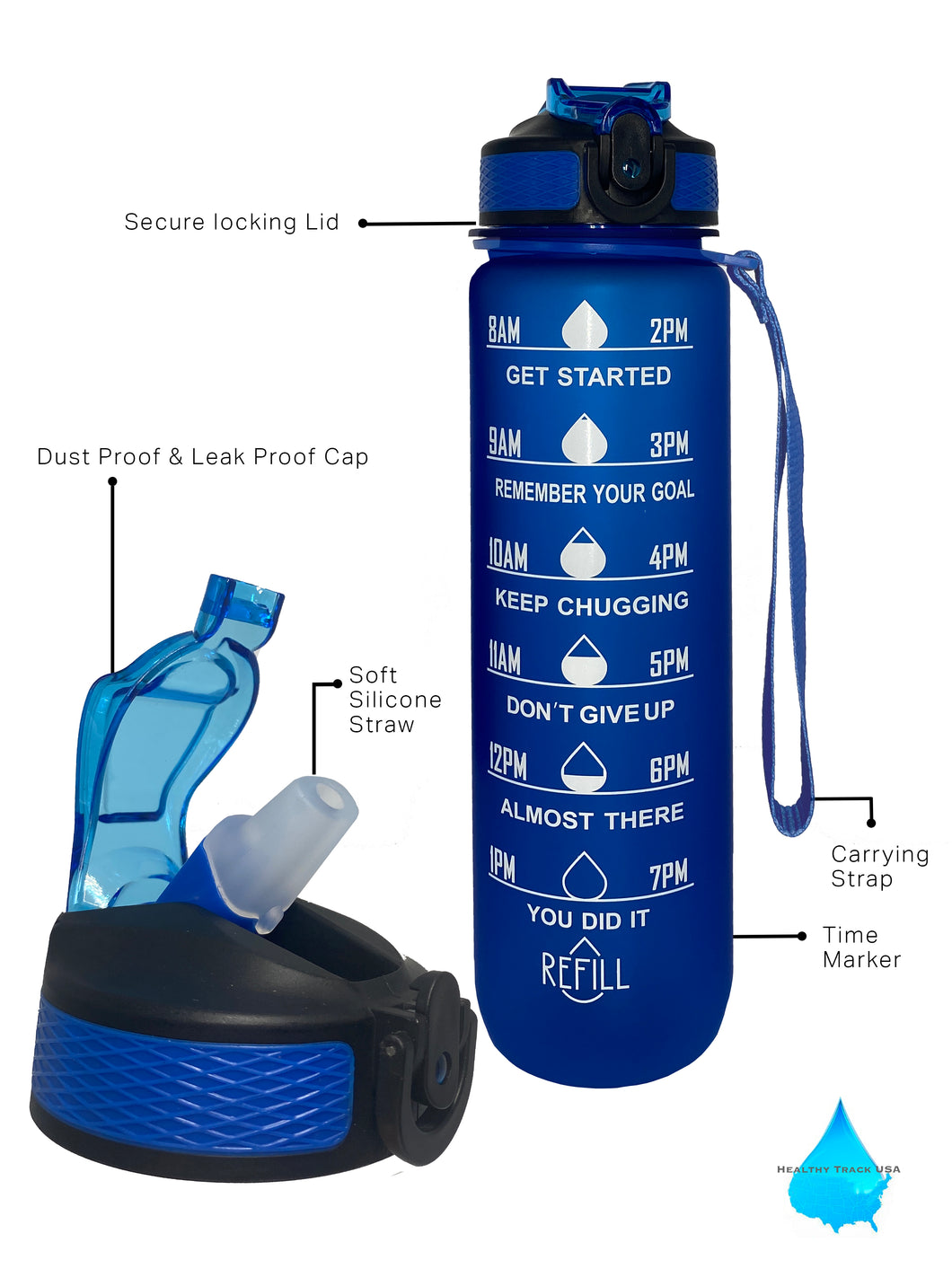 32 Oz Inspirational Time Water Bottle with Hydrating Reminder Tracker. Motivational Outdoor Sport Water Bottle. BPA Free, Color Blue