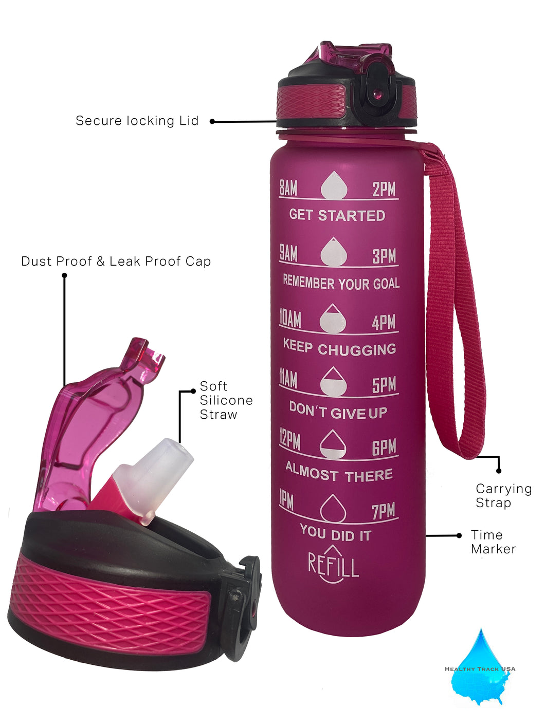 32 Oz Inspirational Time Water Bottle with Hydrating Reminder Tracker. Motivational Outdoor Sport Water Bottle. BPA Free, Color Pink