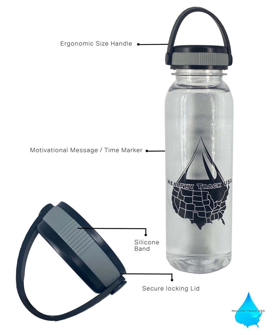 24 Oz Inspirational Time Water Bottle with Hydrating Reminder Tracker. Motivational Outdoor EZ Grip Handle Lid Water Bottle. BPA Free, Dishwasher Safe