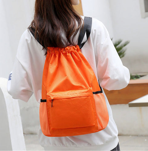 Drawstring Gym Swimming Backpack Small Fitness Workout Sports Duffle Bag with Multi Pocket & Shoes Compartment Orange