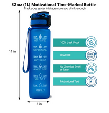 Load image into Gallery viewer, 32 Oz Inspirational Time Water Bottle with Hydrating Reminder Tracker. Motivational Outdoor Sport Water Bottle. BPA Free, Color Blue
